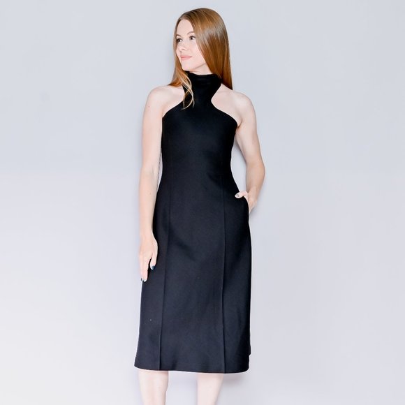 537. GIA STUDIOS Black High-Neck Midi Dress rare Designer Chic Small - Picture 1 of 7